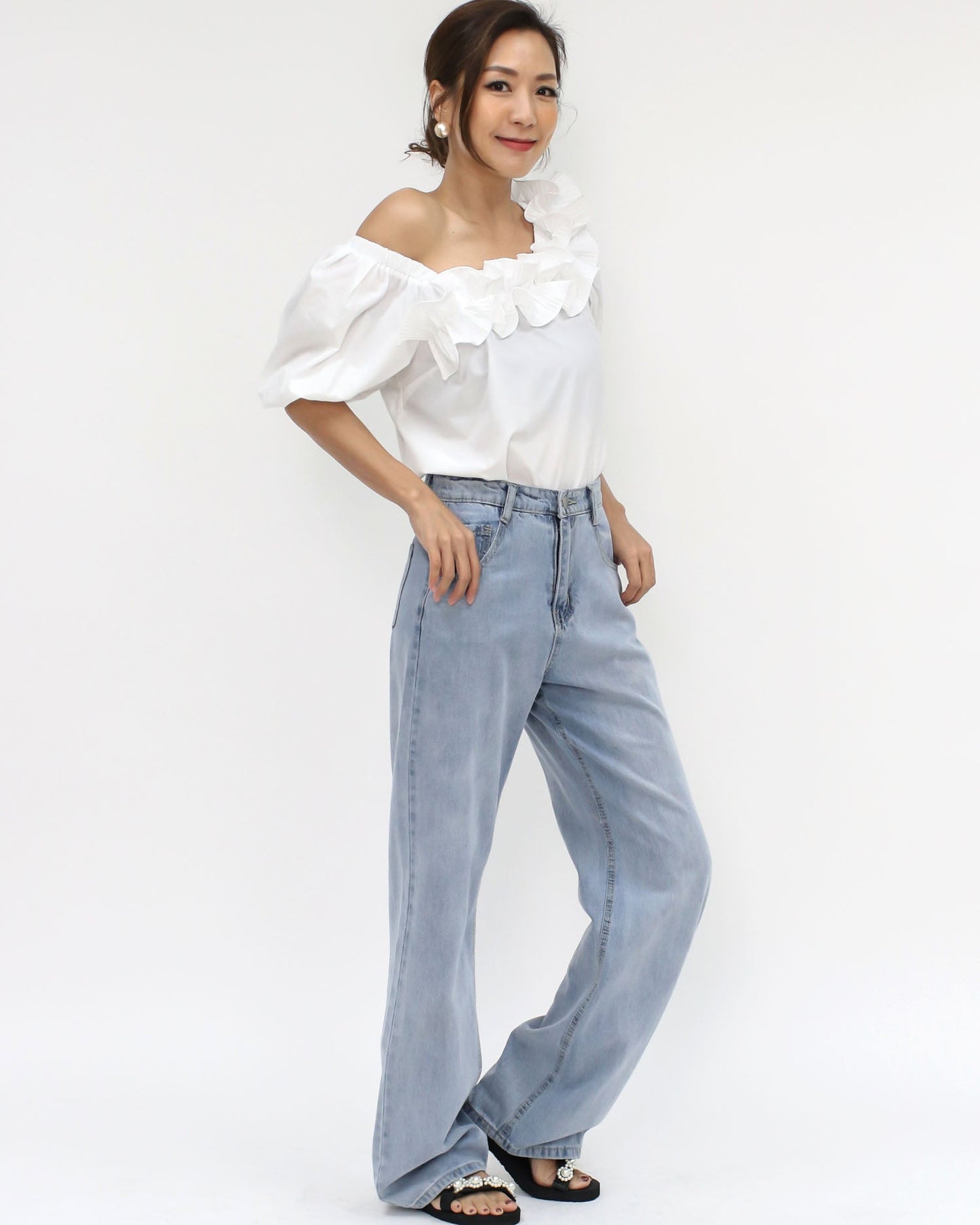 ivory pleats ruffles off shoulders shirt top *pre-order*