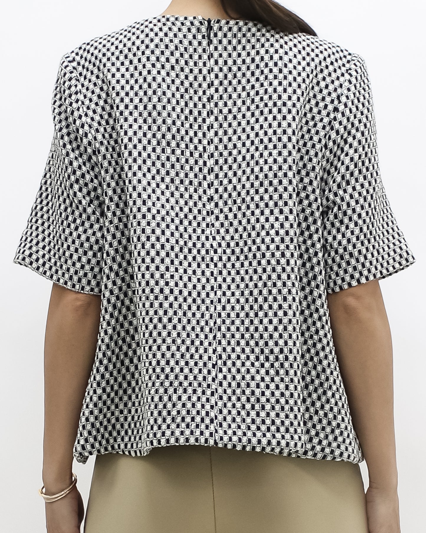 black & ivory tweed flare top