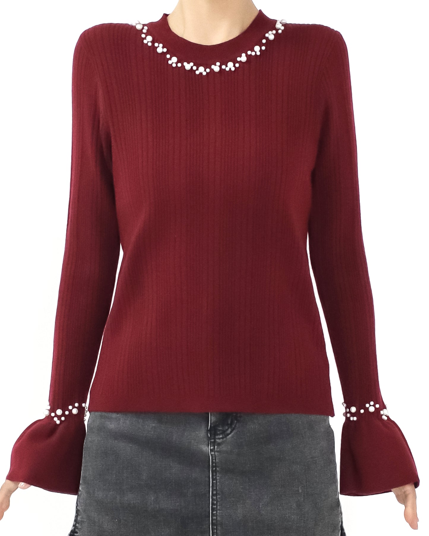 burgundy pearls neckline knitted top