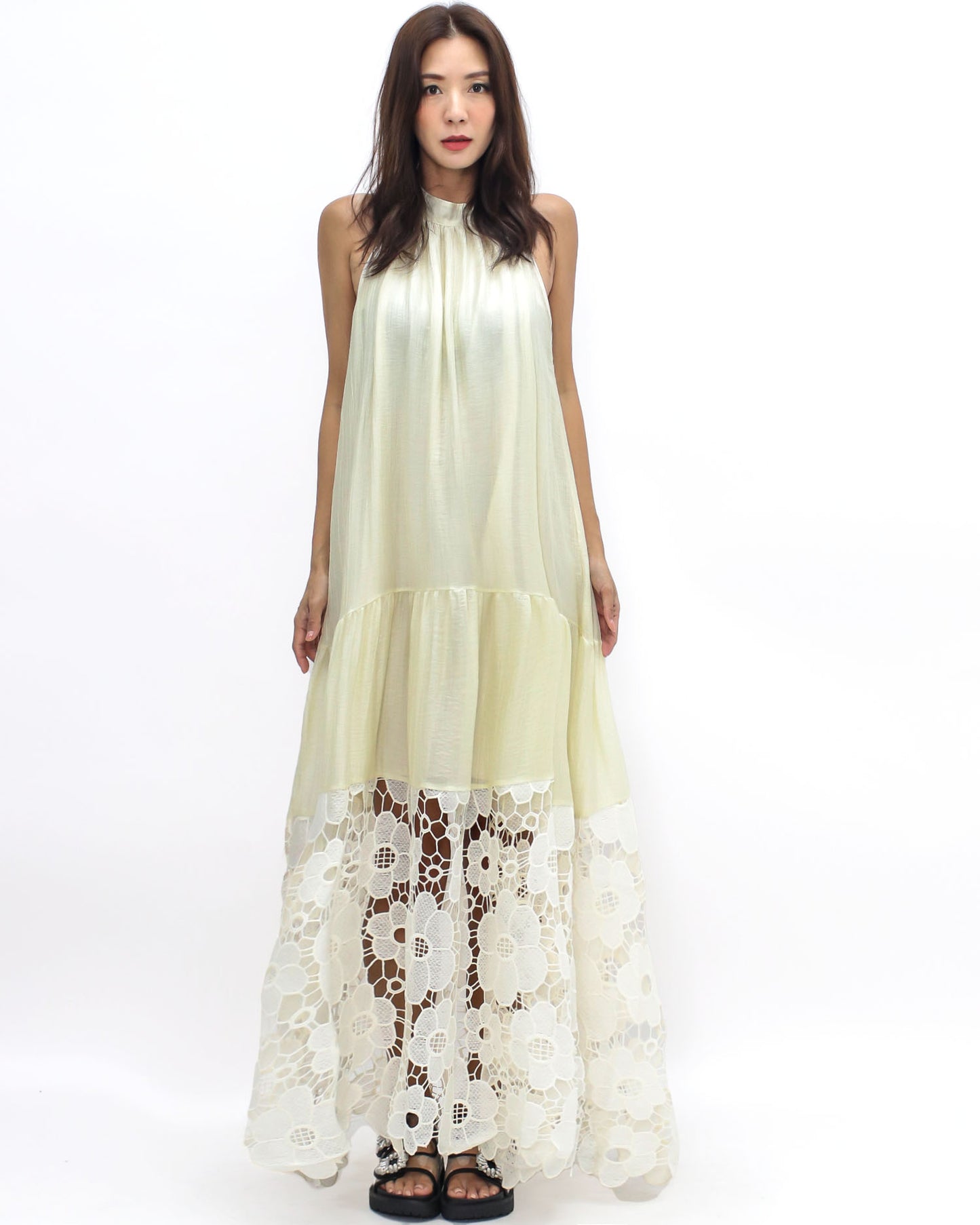 ivory slinky w/ crochet hem longline dress