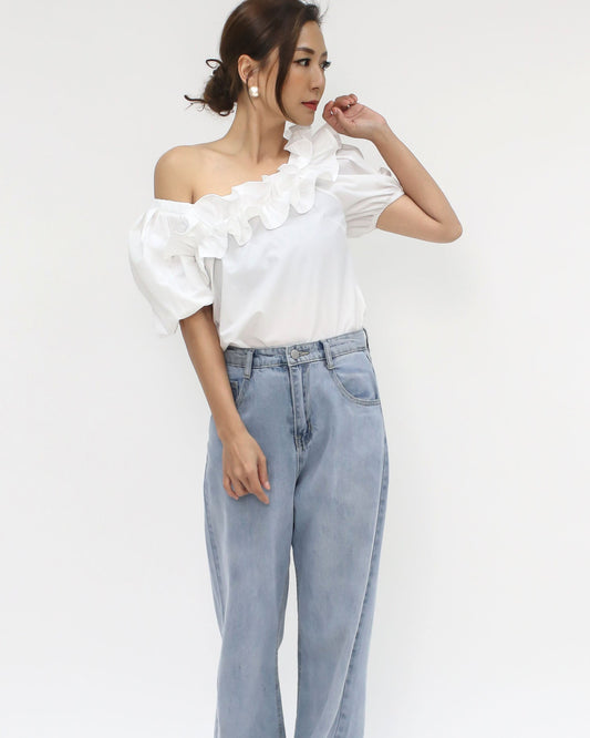 ivory pleats ruffles off shoulders shirt top *pre-order*