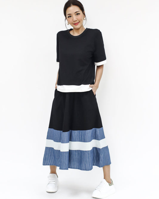 black & ivory layer tee w/ denim stripes panel skirt set *pre-order*