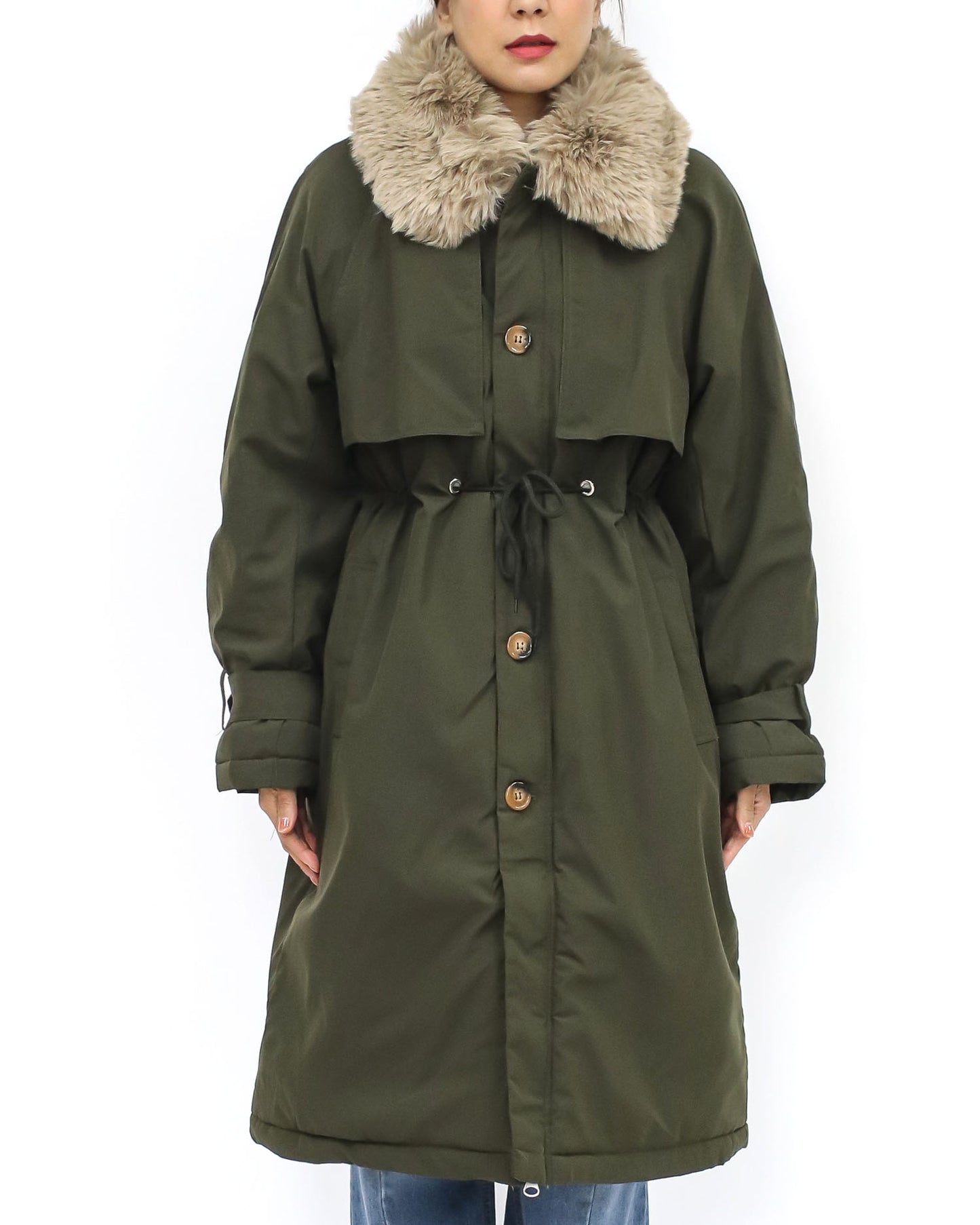 green fur collar longline parka jacket *pre-order*