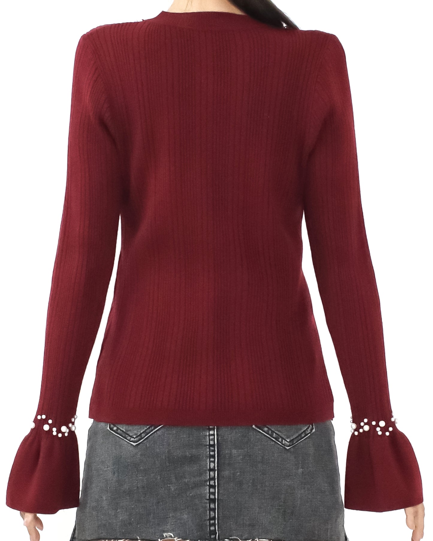 burgundy pearls neckline knitted top