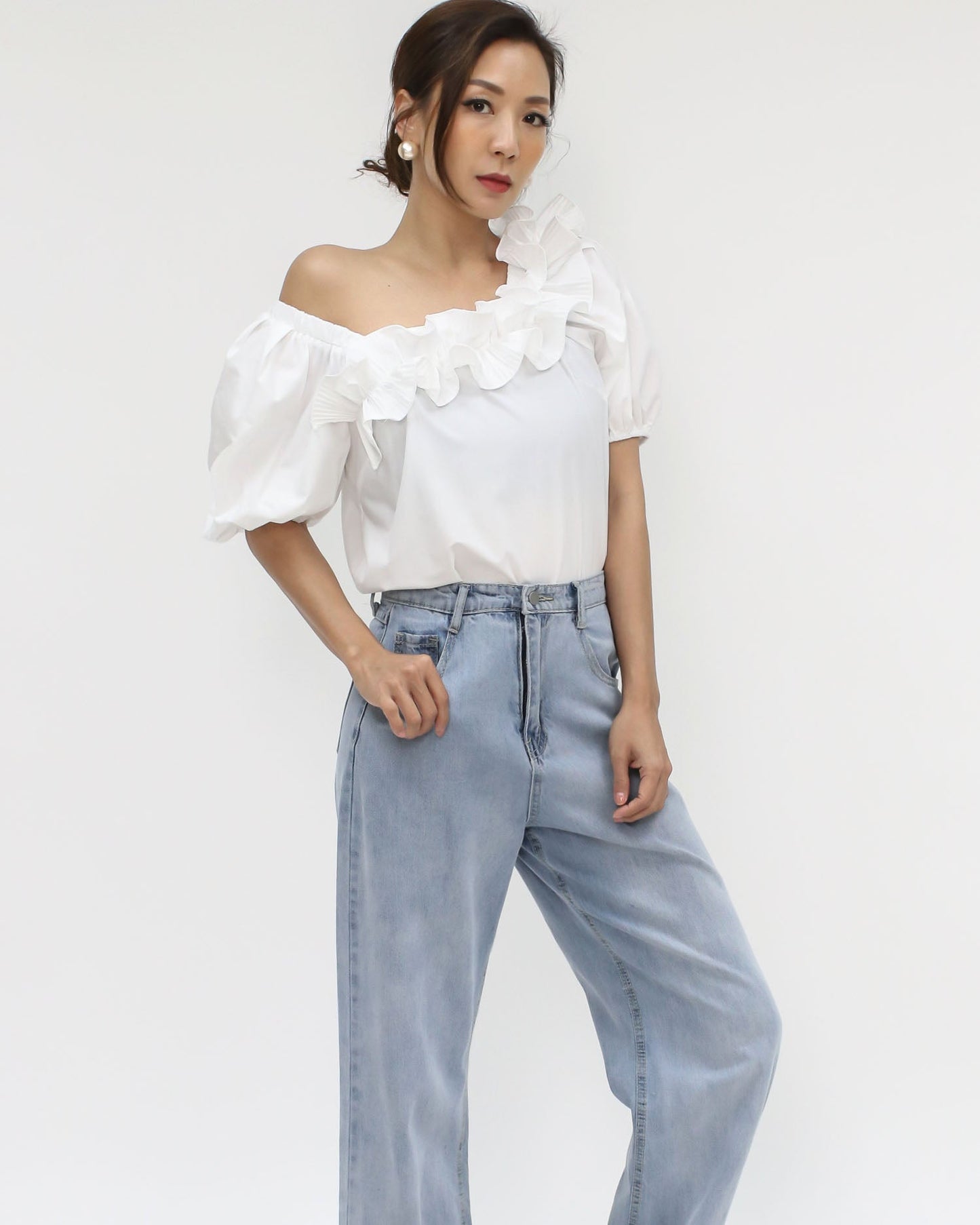 ivory pleats ruffles off shoulders shirt top *pre-order*