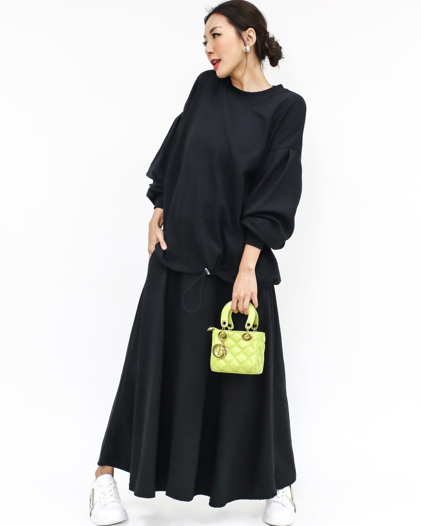 black drawstring sweatshirt & skirt set *pre-order*