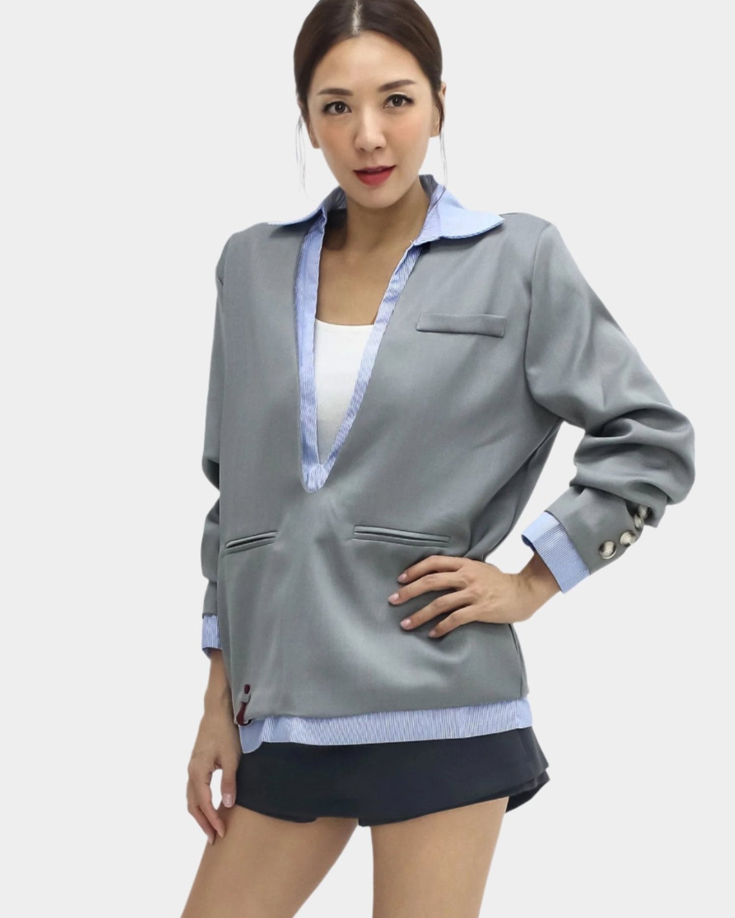 grey w/ blue stripes layer blazer top