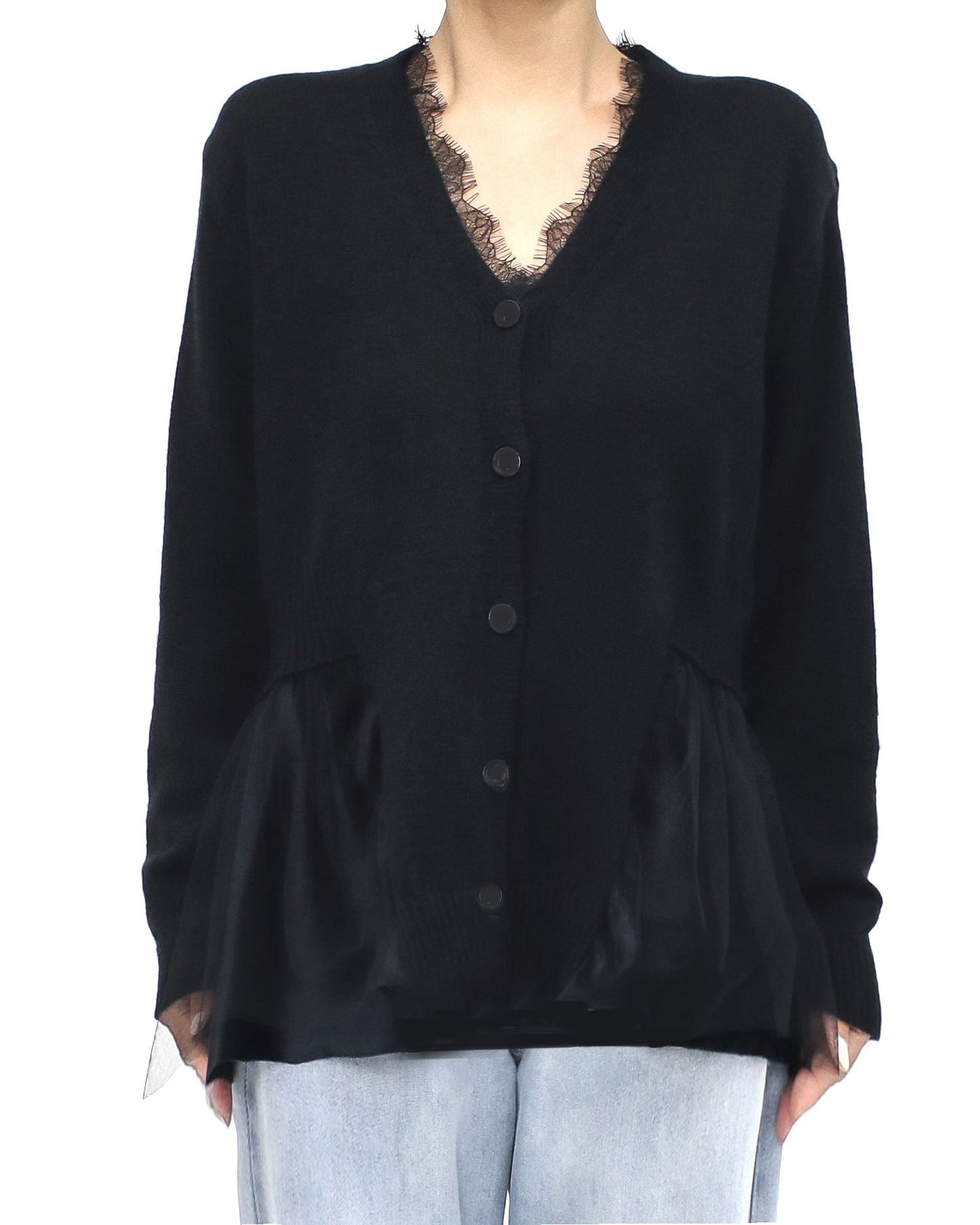 black lace trim & mesh layer knitted cardigan *pre-order*
