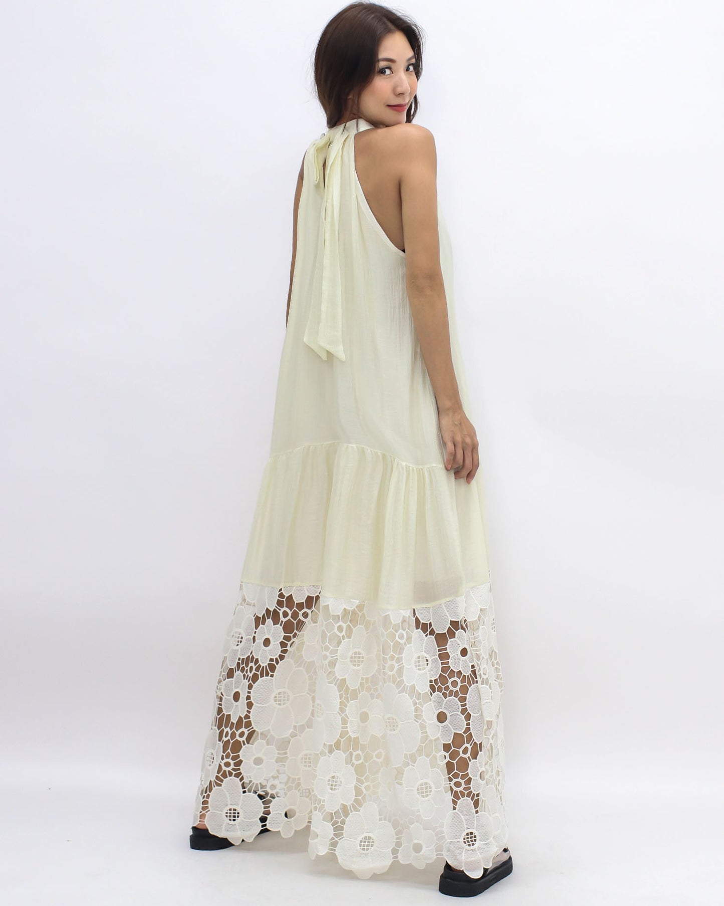 ivory slinky w/ crochet hem longline dress