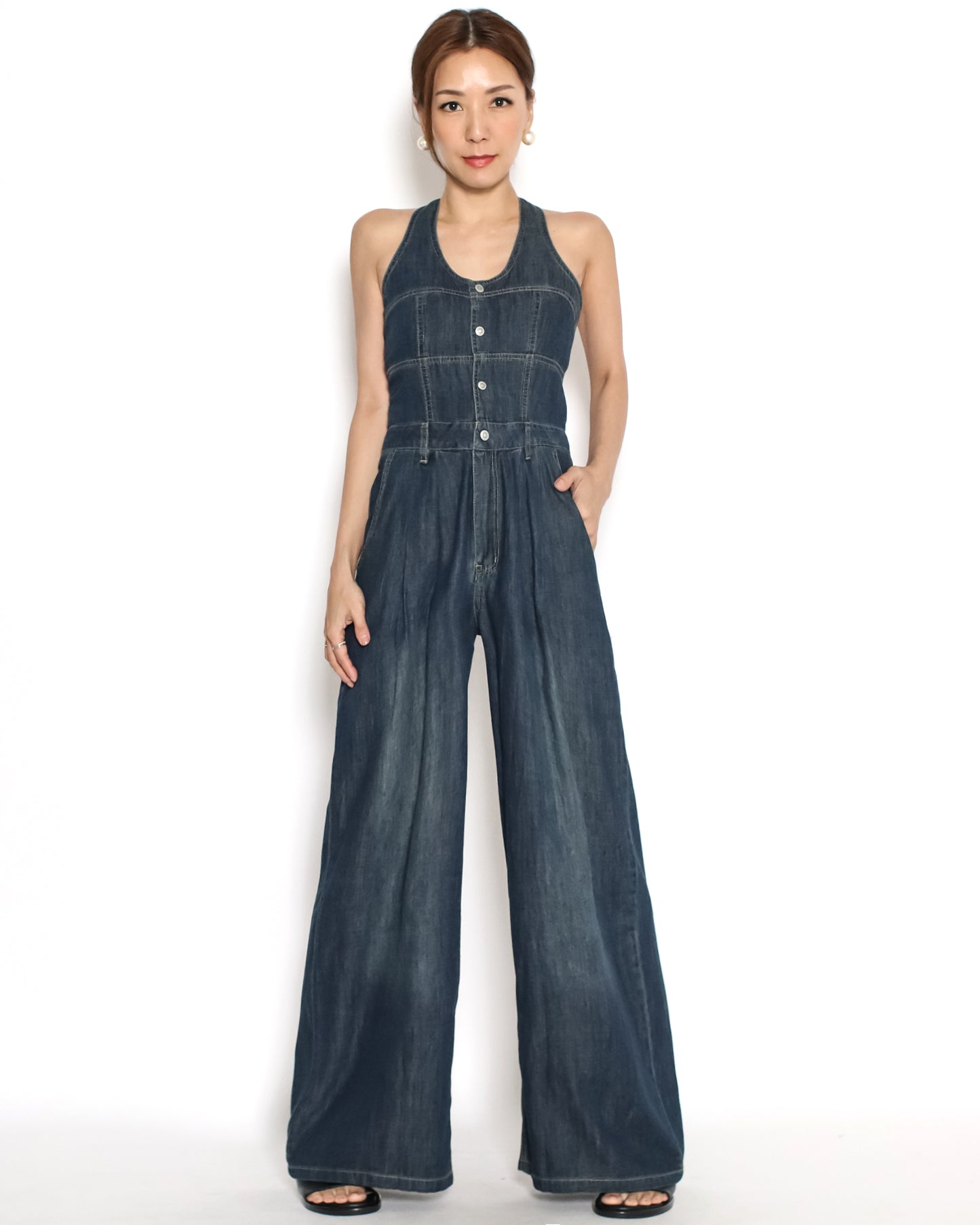washed blue denim halter jumpsuit *pre-order*