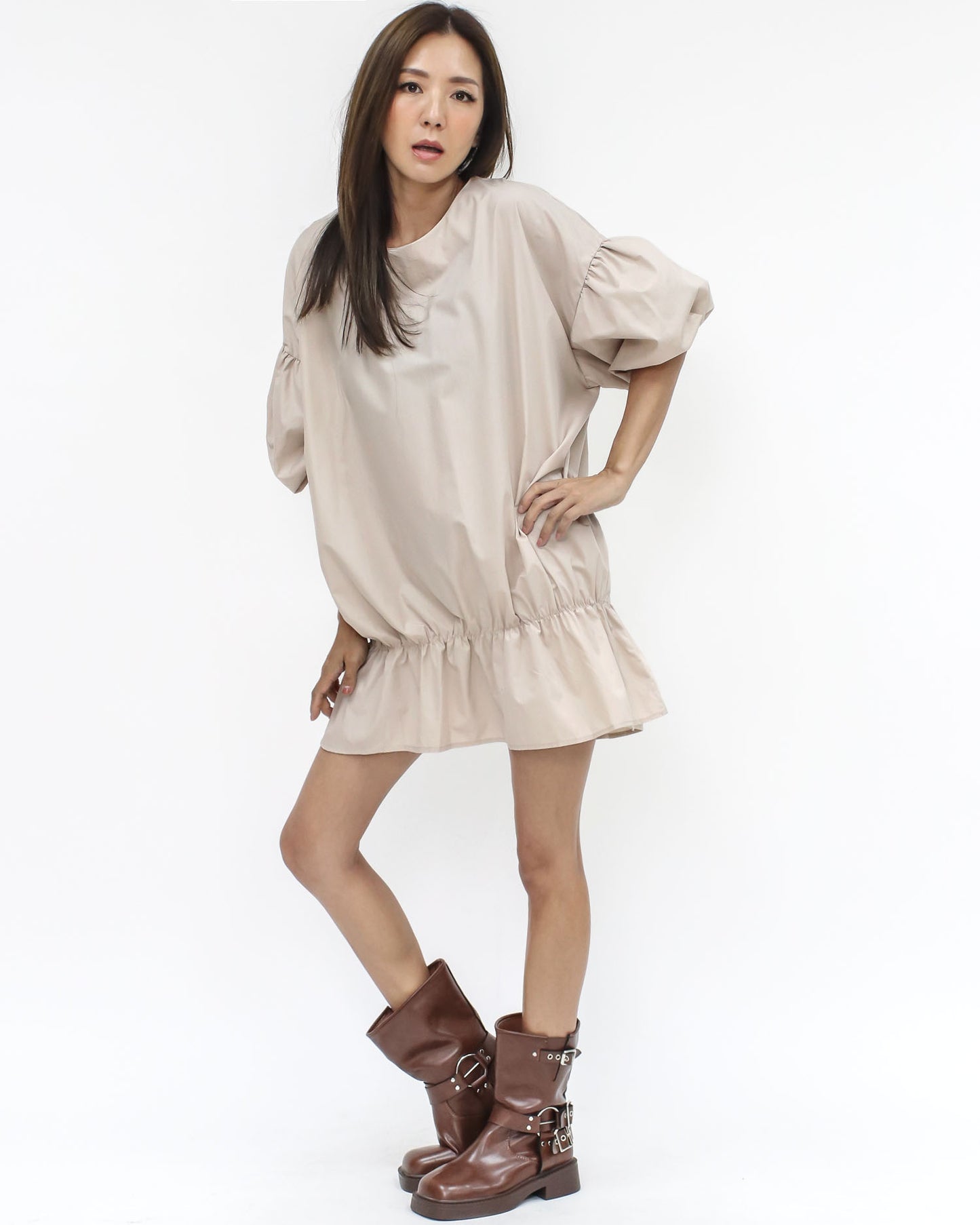 beige stretch flare shirt dress *pre-order*