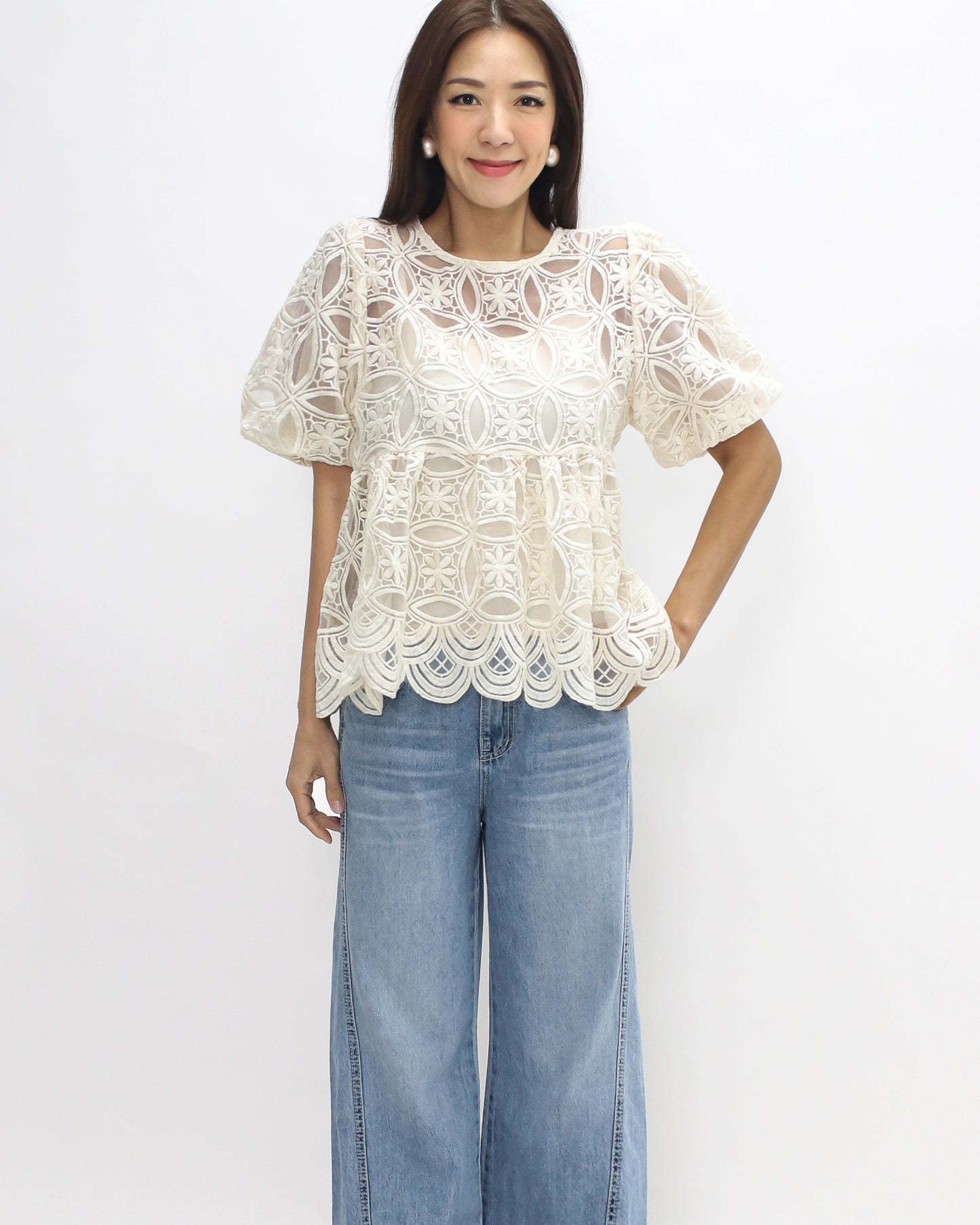 Ivory crochet puff sleeves top w/ slip *pre-order*