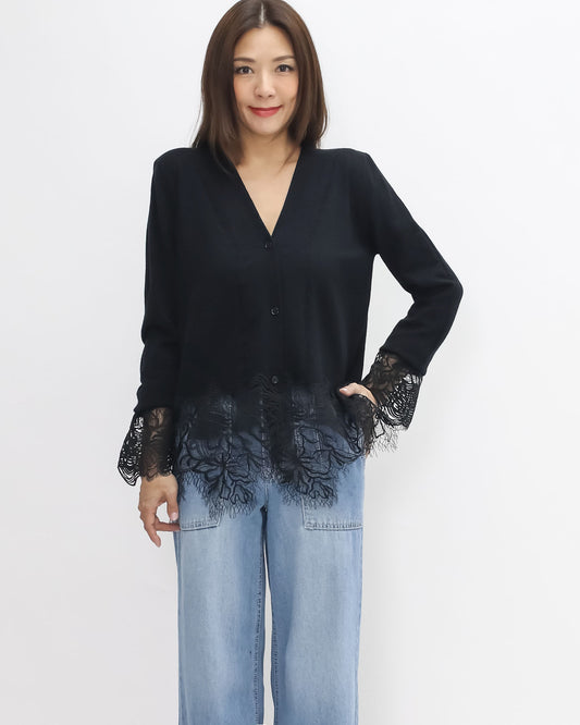 black w/ lace hem & cuffs knitted cardigan *pre-order*