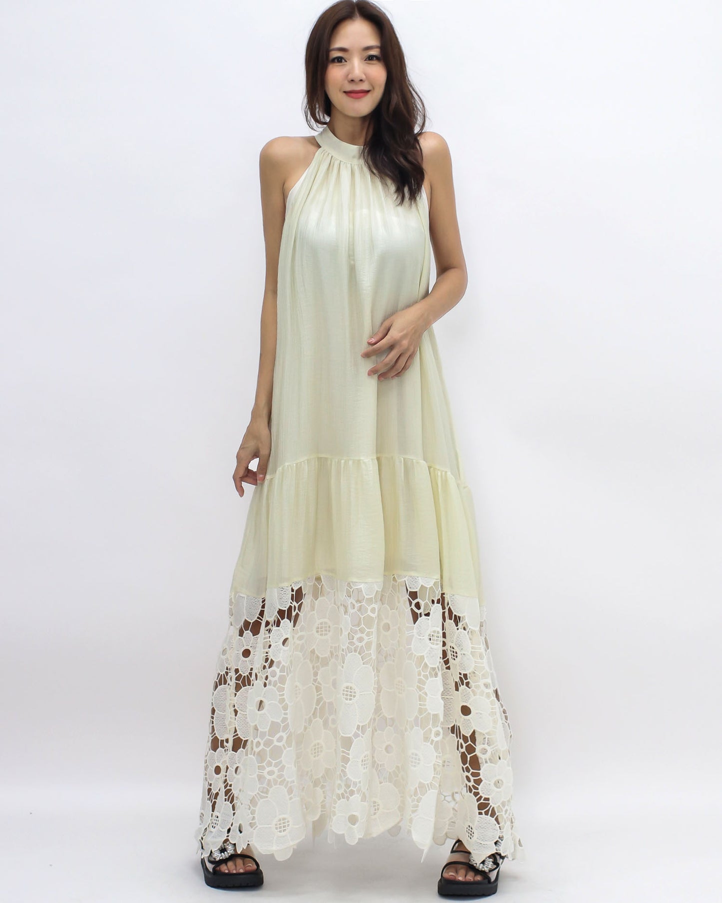 ivory slinky w/ crochet hem longline dress