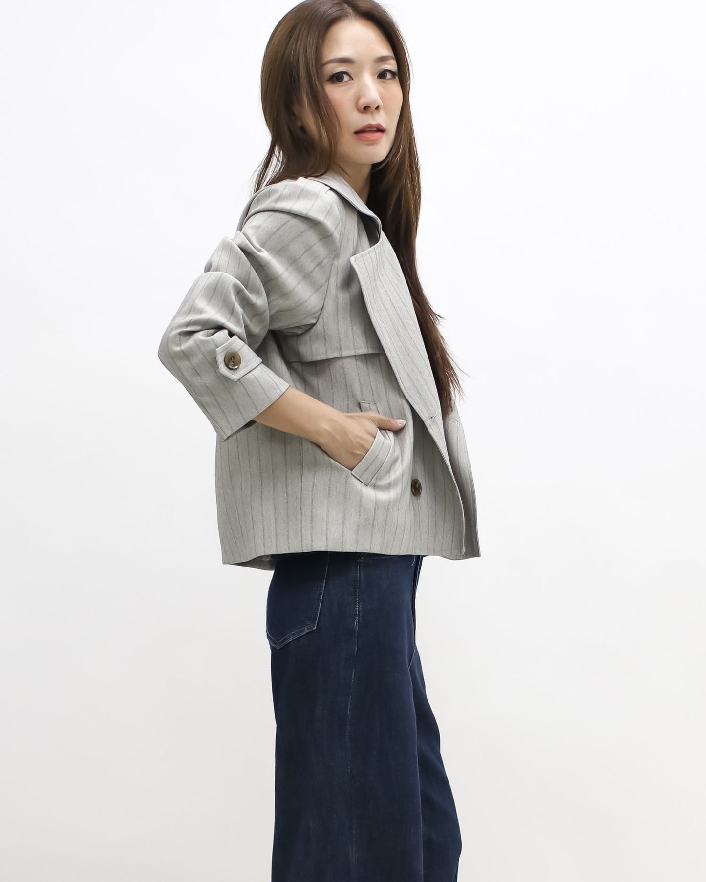 beige stripes blazer jacket