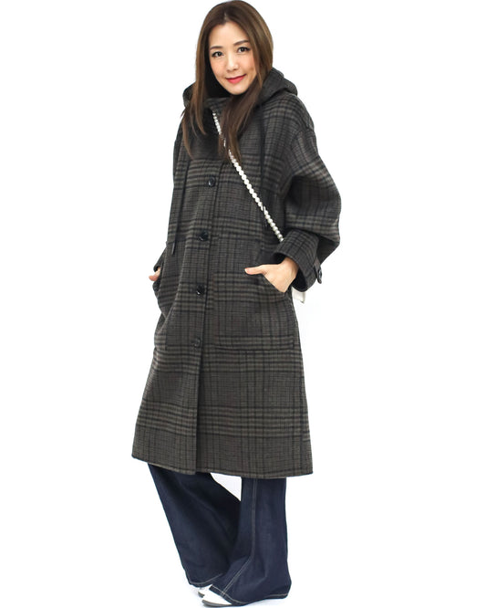 grey & brown checkers hoodie wool blended longline jacket