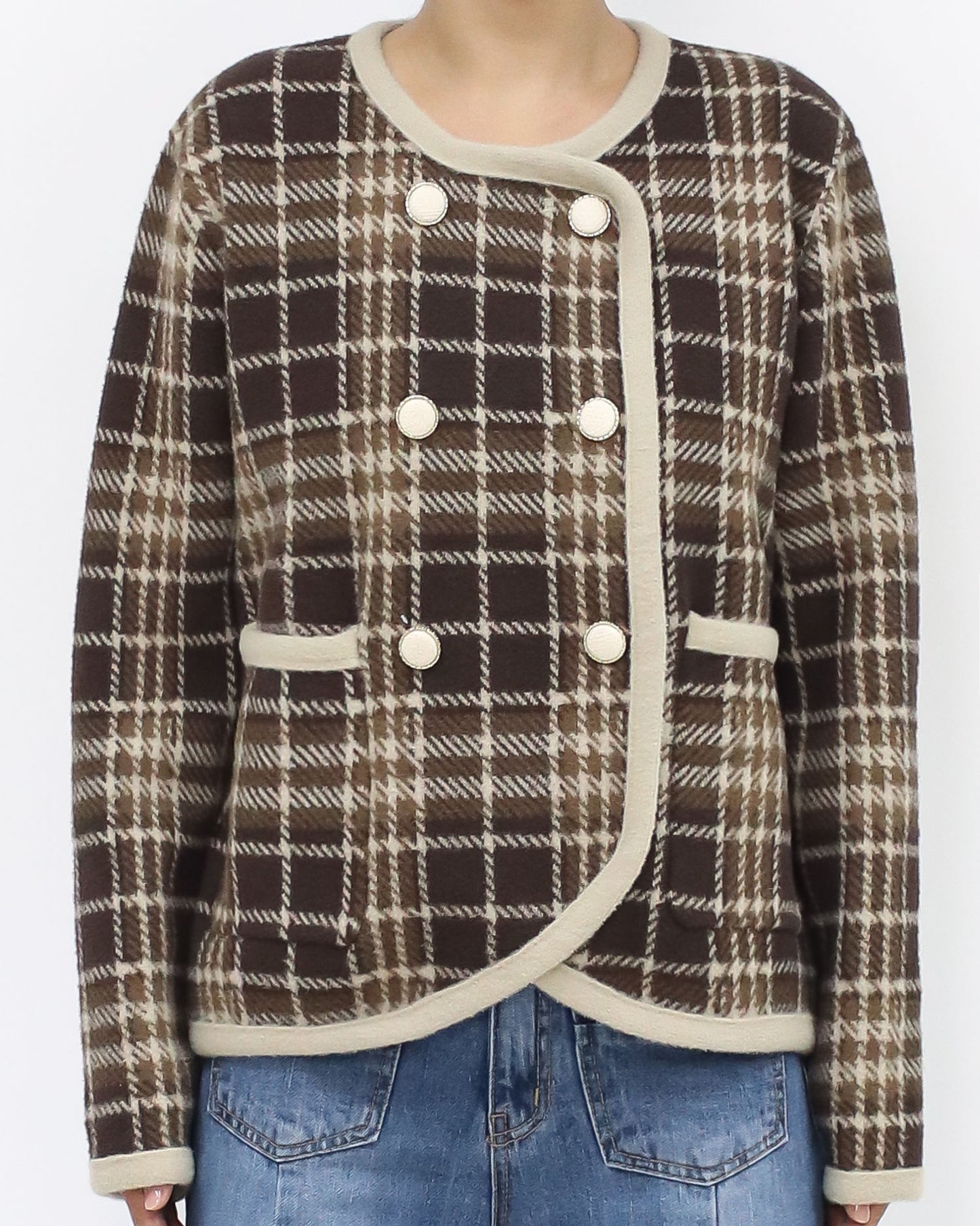 brown & beige checkers wool blended jacket