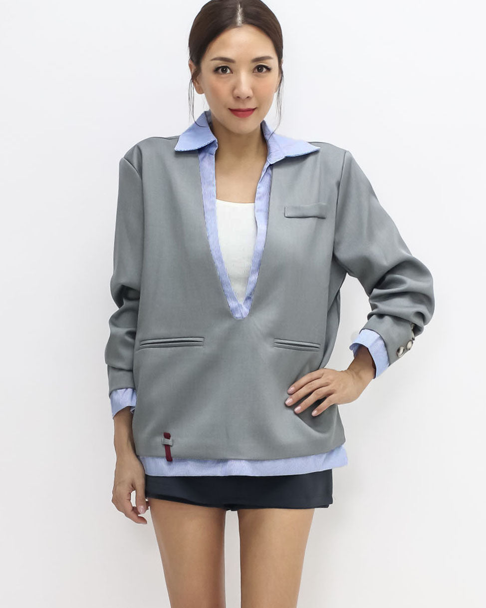 grey w/ blue stripes layer blazer top