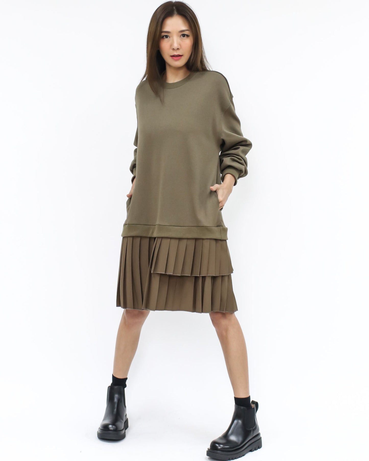 brown green sweat w/ brown pleats dress *pre-order*