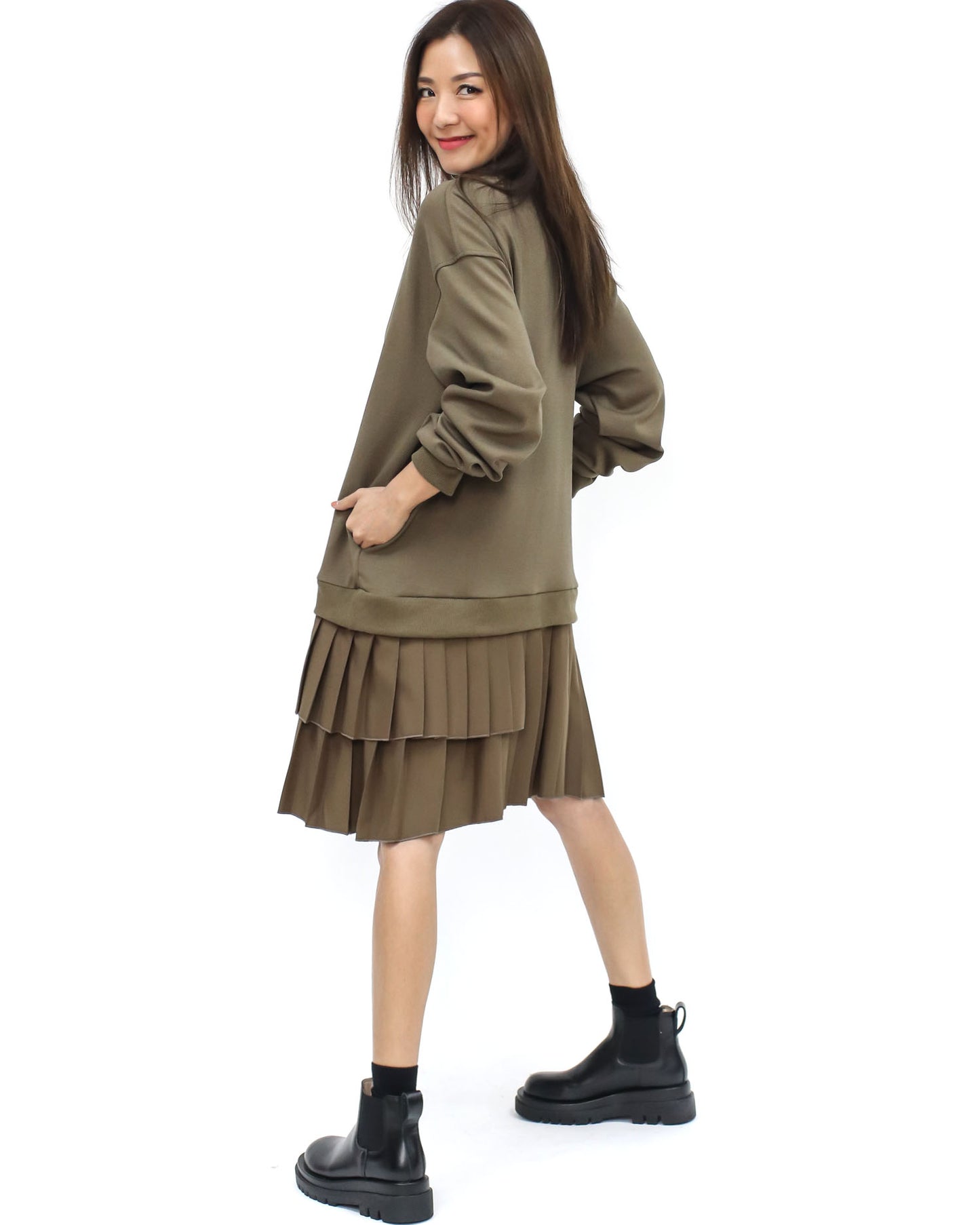 brown green sweat w/ brown pleats dress *pre-order*