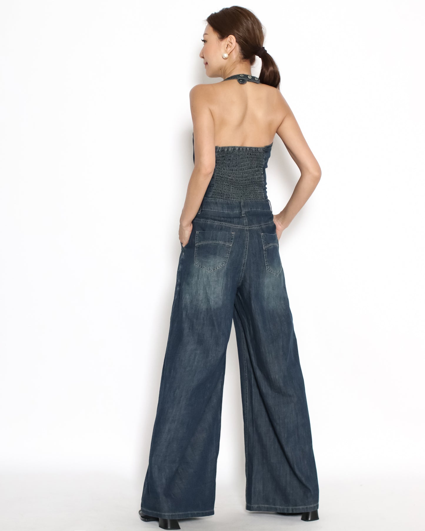 washed blue denim halter jumpsuit *pre-order*