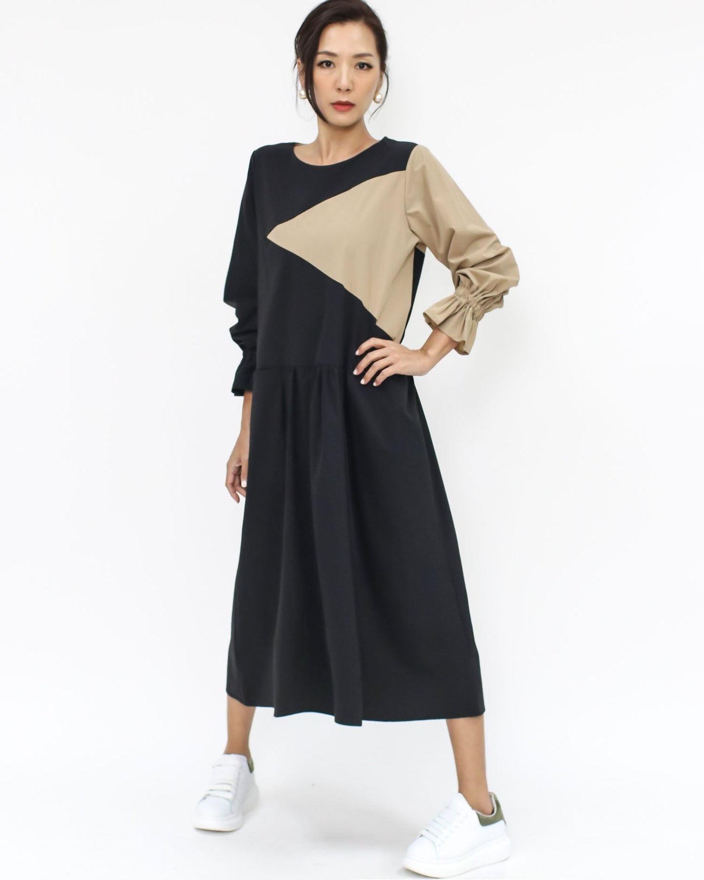 Black & beige tech texture longline dress