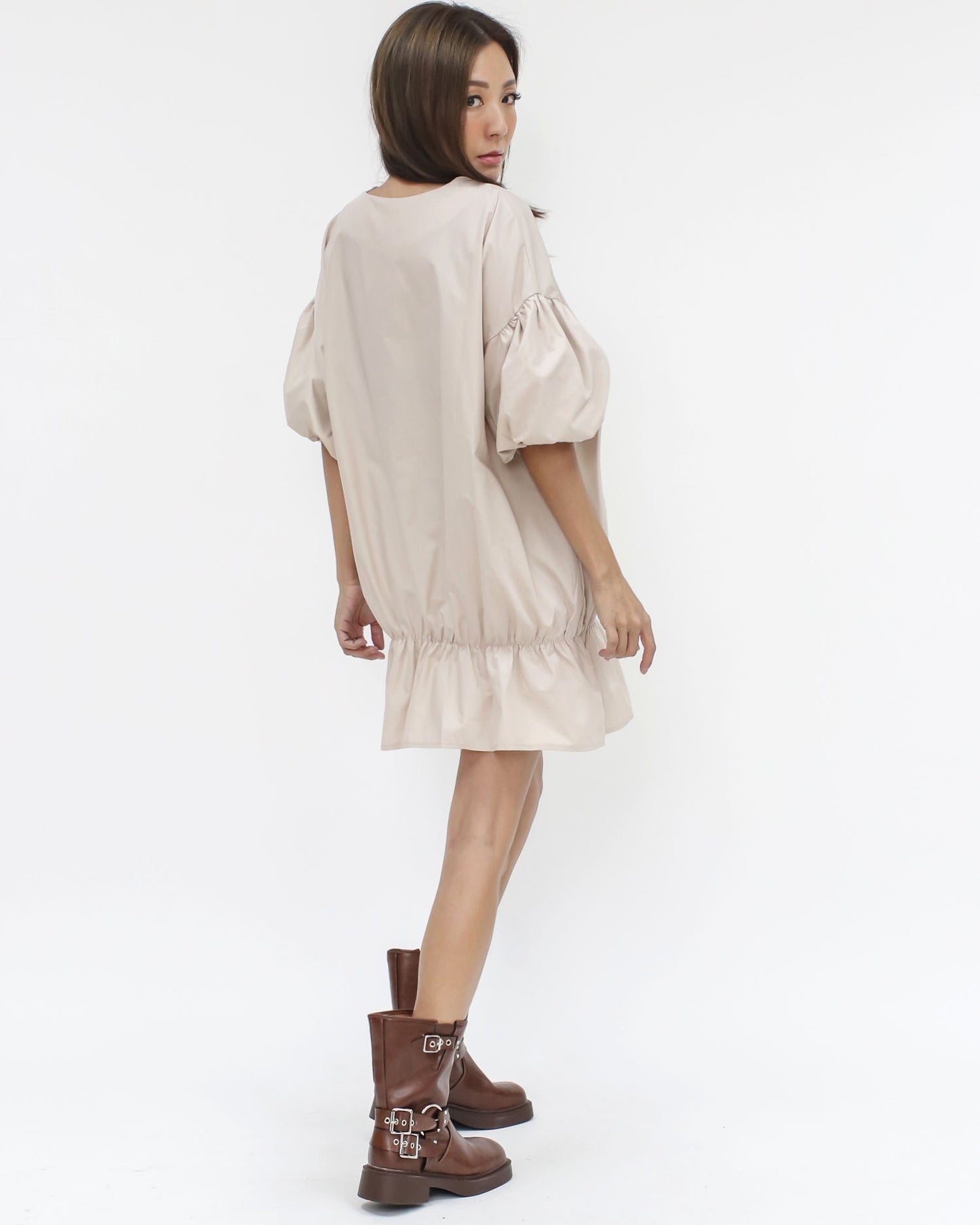 beige stretch flare shirt dress *pre-order*