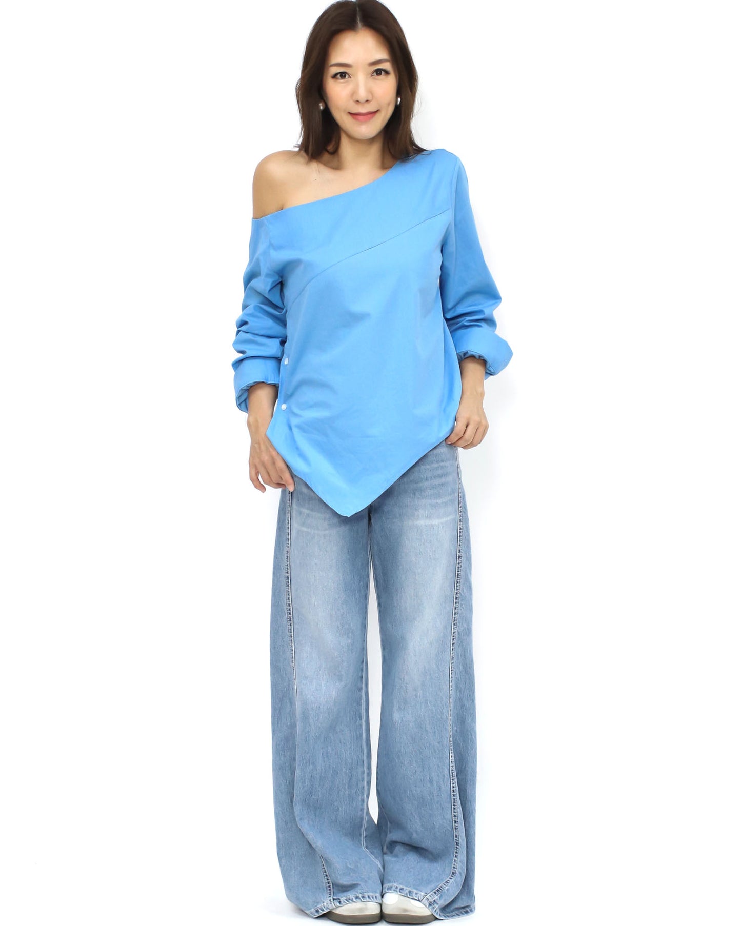 blue off shoulder asymmetric hem shirt