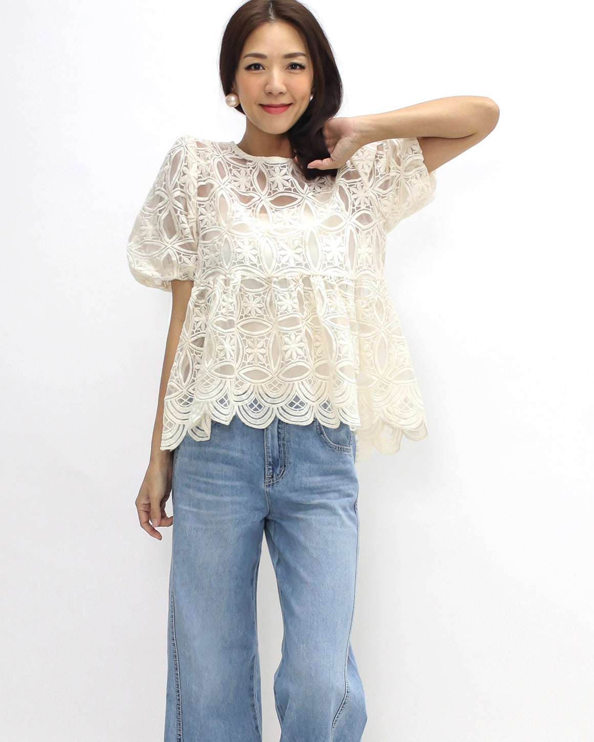 Ivory crochet puff sleeves top w/ slip *pre-order*