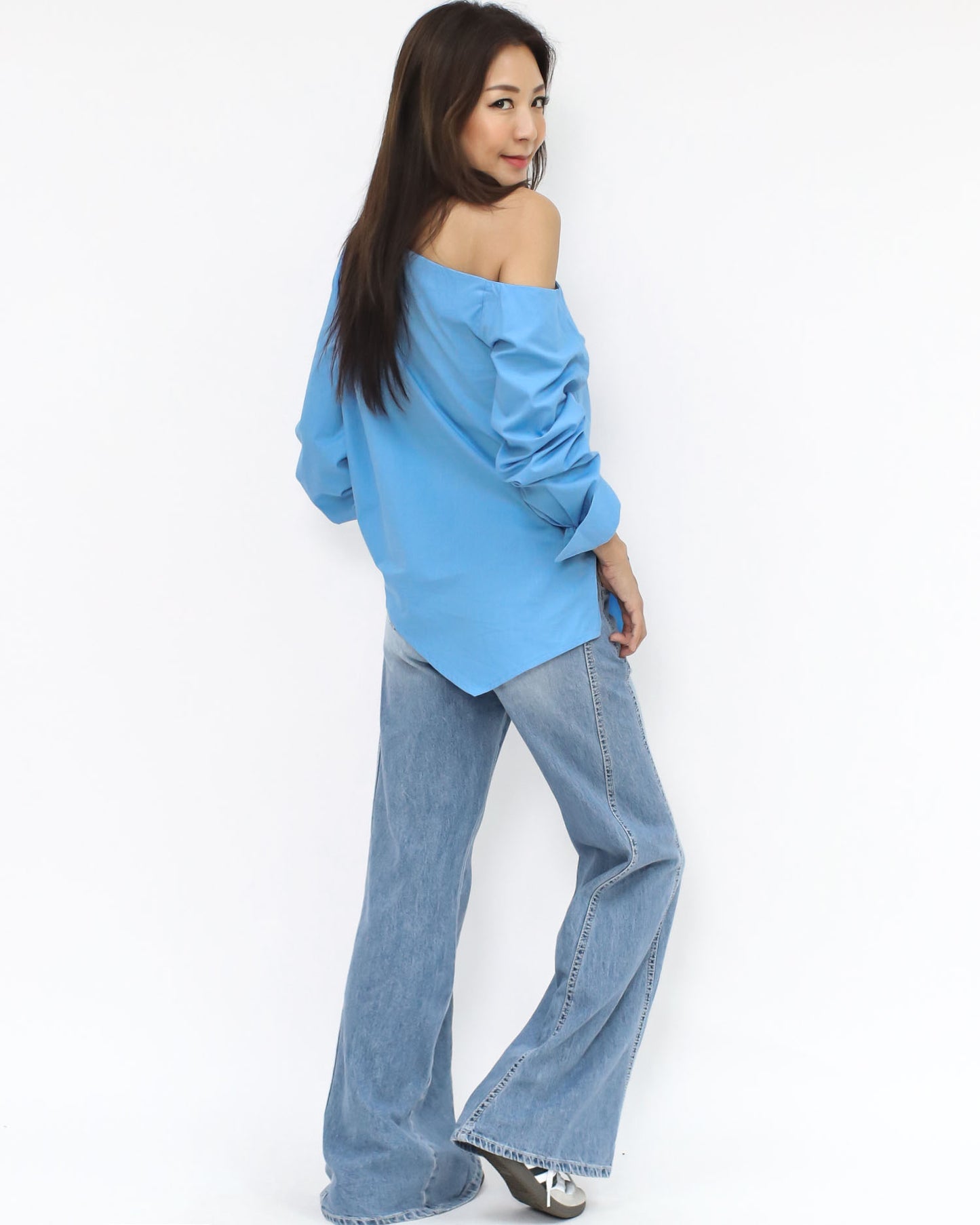 blue off shoulder asymmetric hem shirt