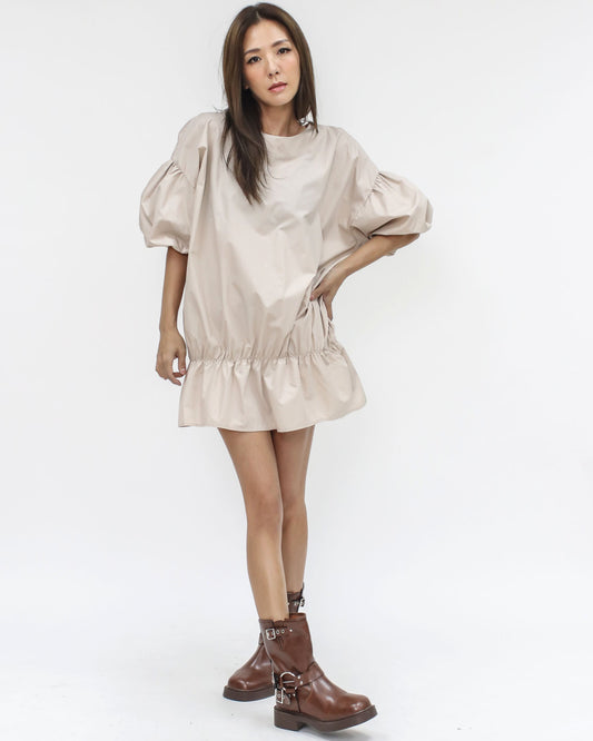 beige stretch flare shirt dress *pre-order*