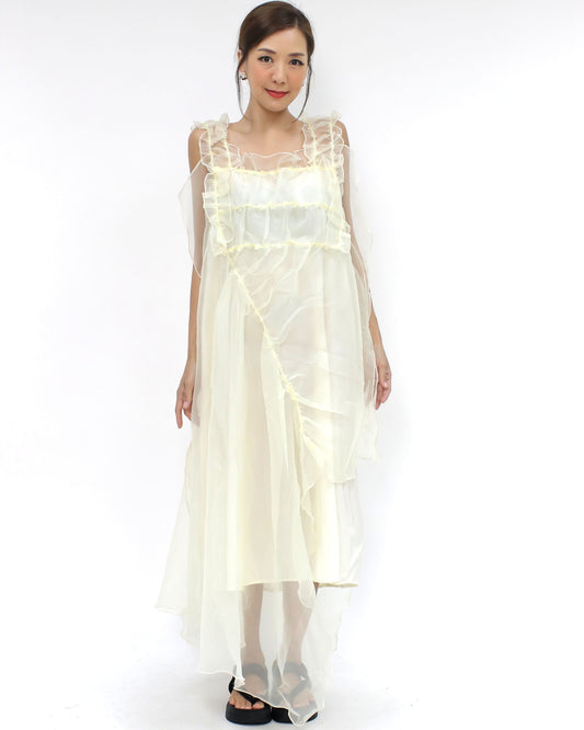 ivory mesh layers ruffles dress