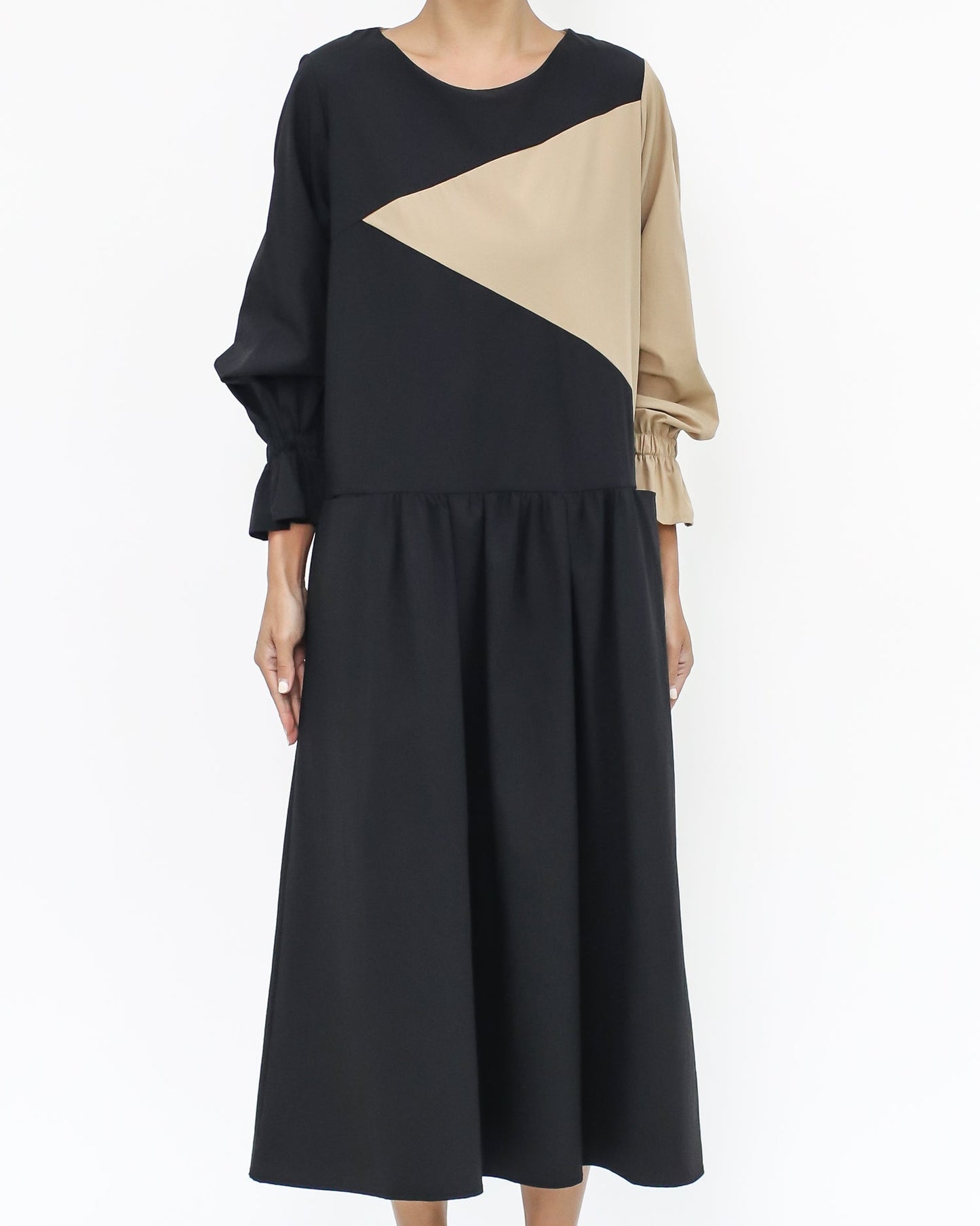 Black & beige tech texture longline dress