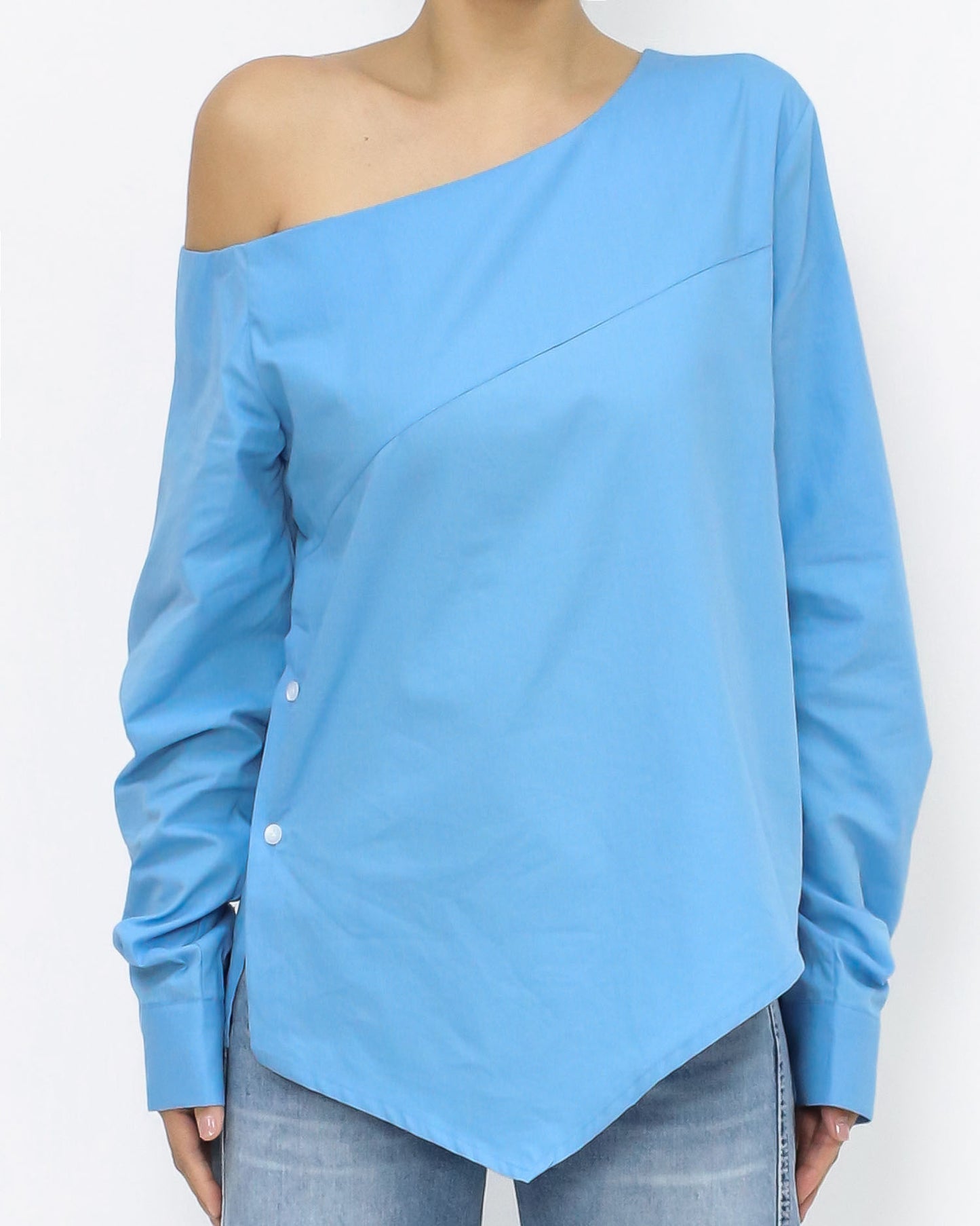 blue off shoulder asymmetric hem shirt