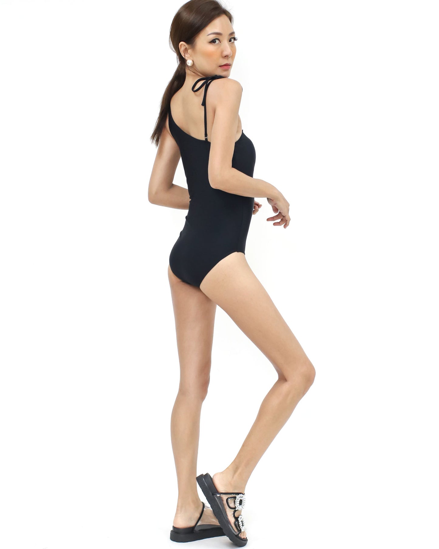 black asymmetric straps one-piece swimwear *pre-order*