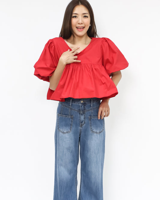 red puff sleeves flare shirt top