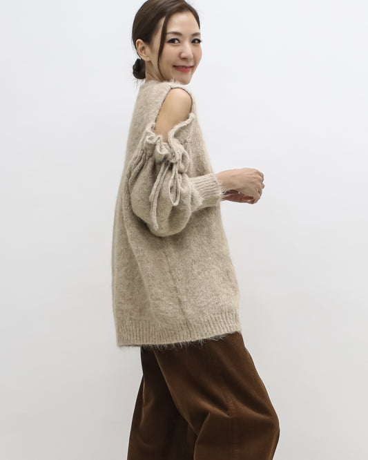 beige cutout shoulders mohair knitted top