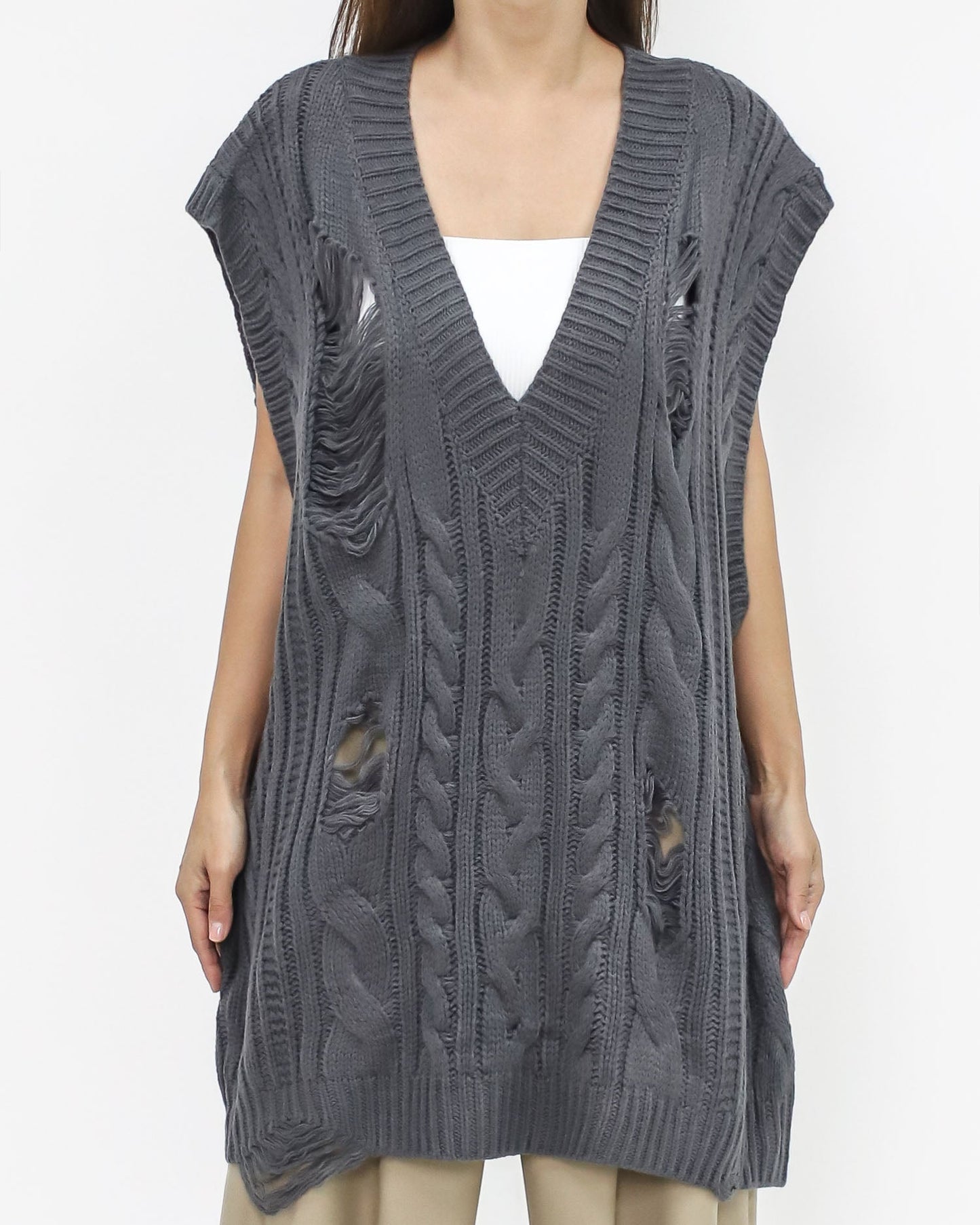 grey ripped longline knitted vest