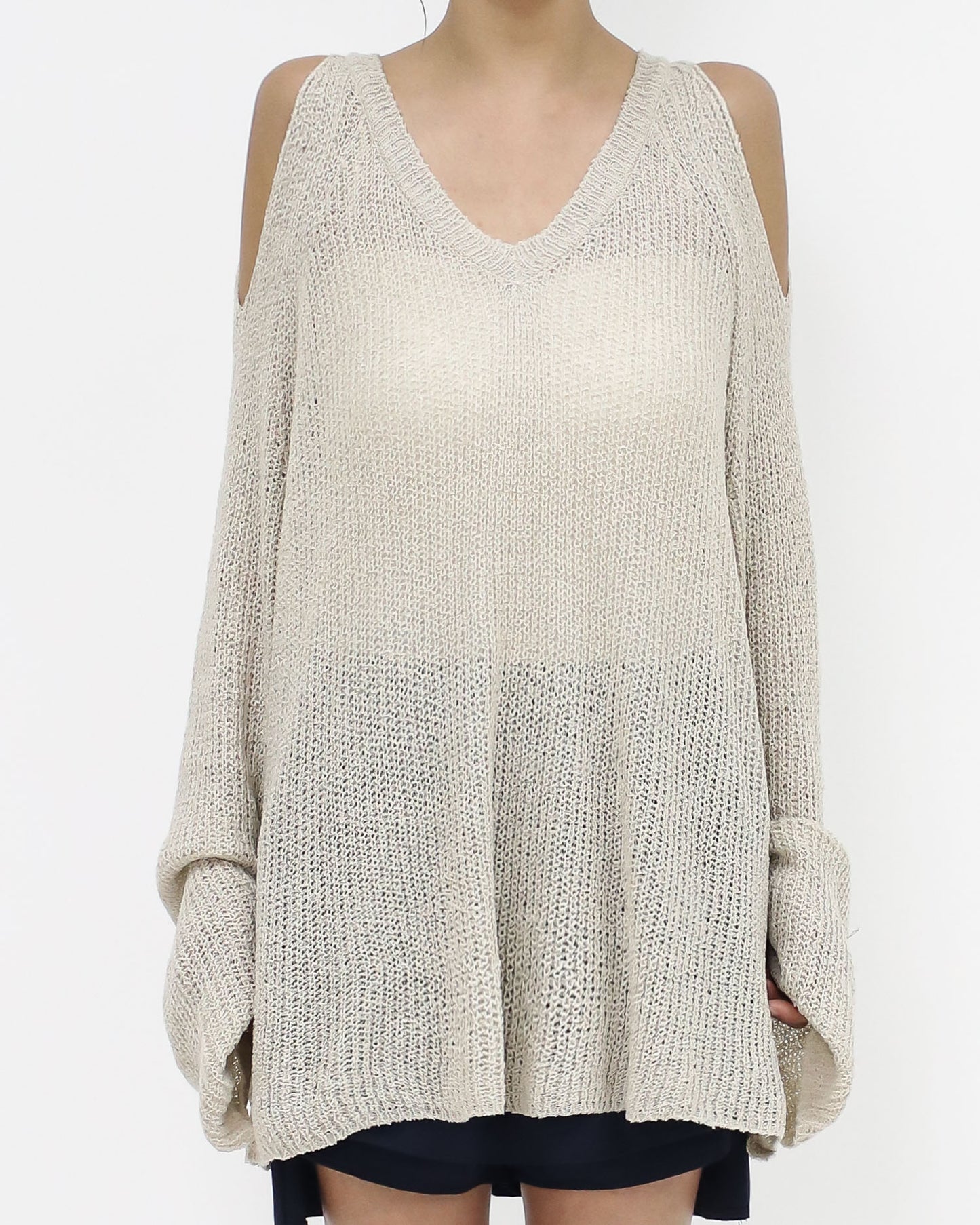 beige cutout shoulders fine knitted top