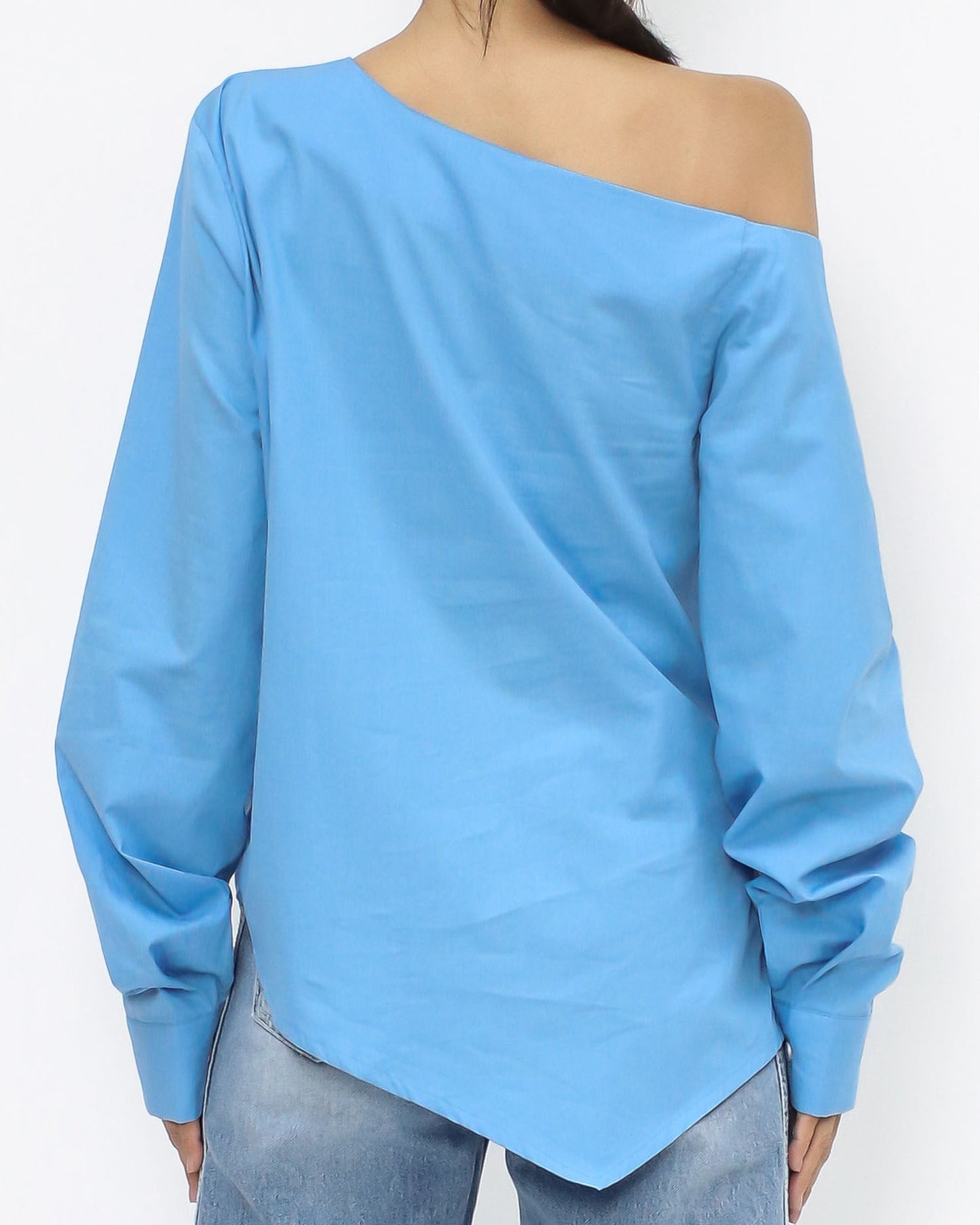 blue off shoulder asymmetric hem shirt