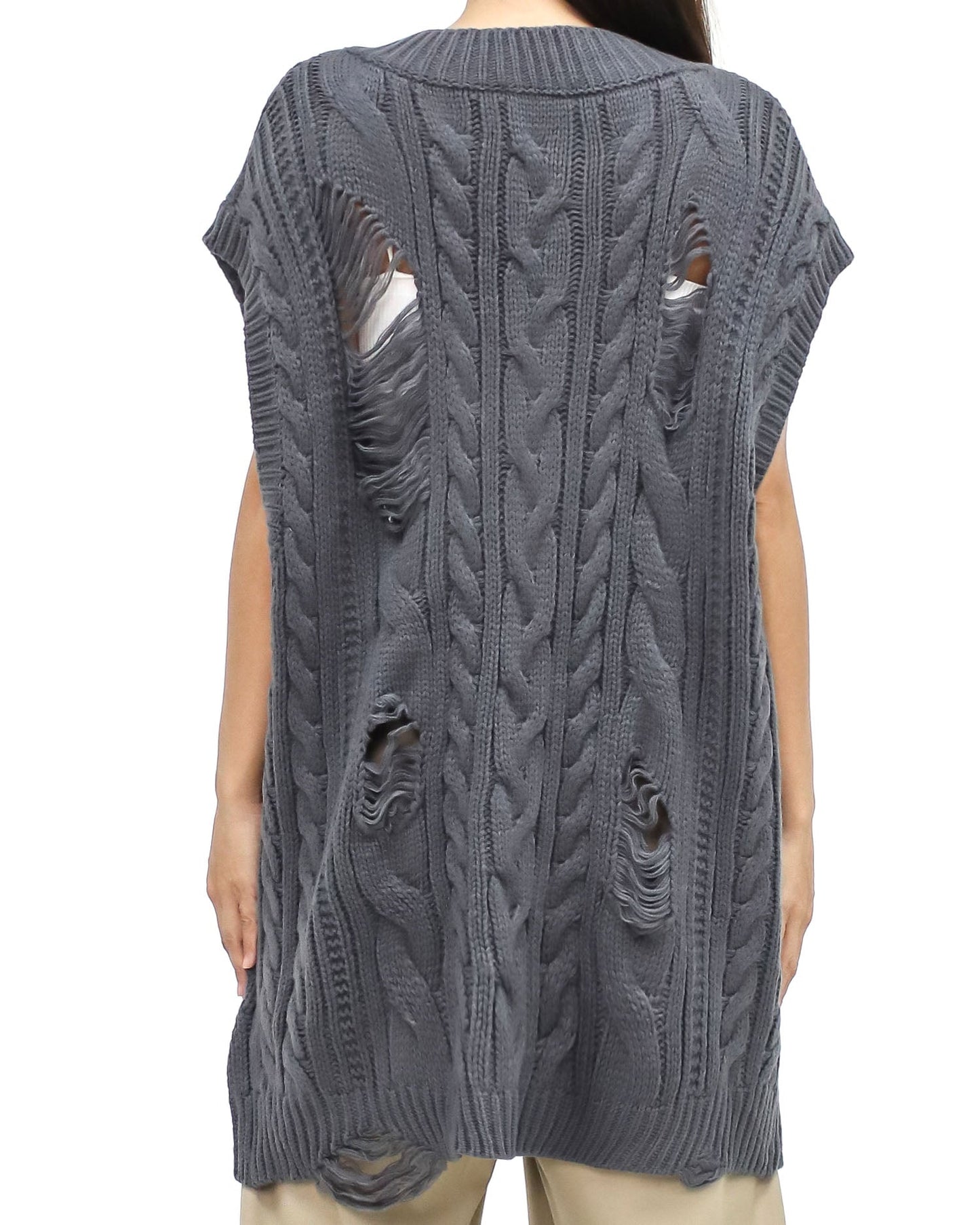 grey ripped longline knitted vest