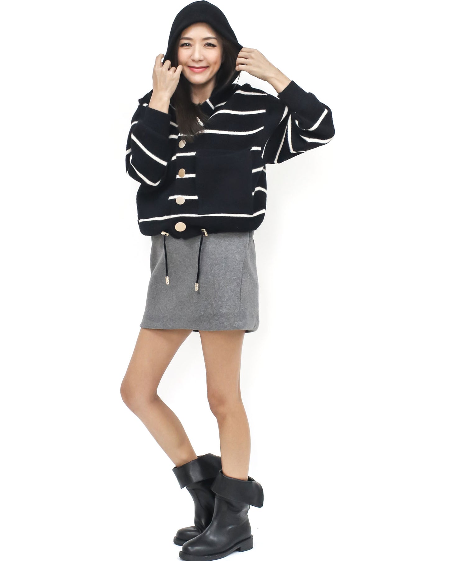 black & ivory stripes hoodie knitted cardigan *pre-order*