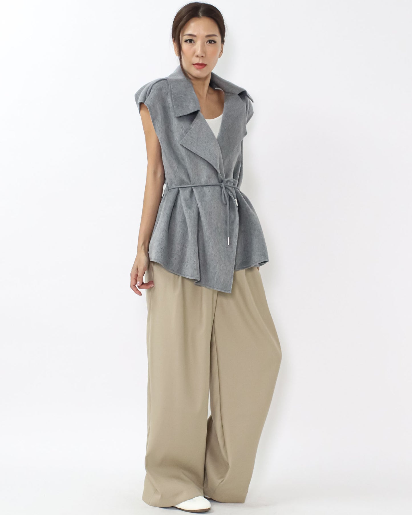 grey drawstring waist wool blended vest jacket *pre-order*