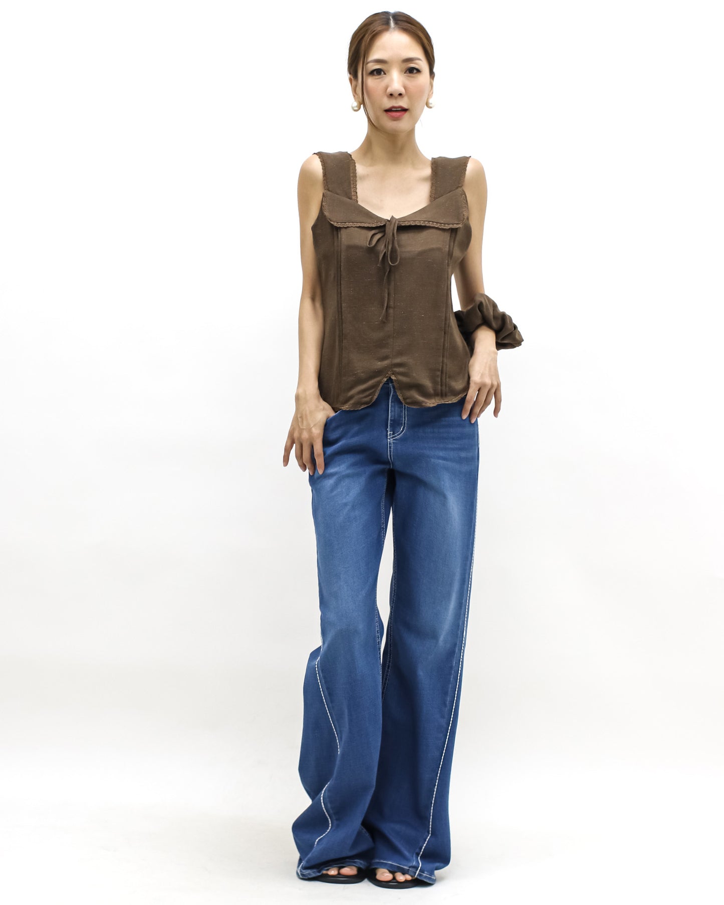 brown lace trim linen vest w/ rubber band *pre-order*