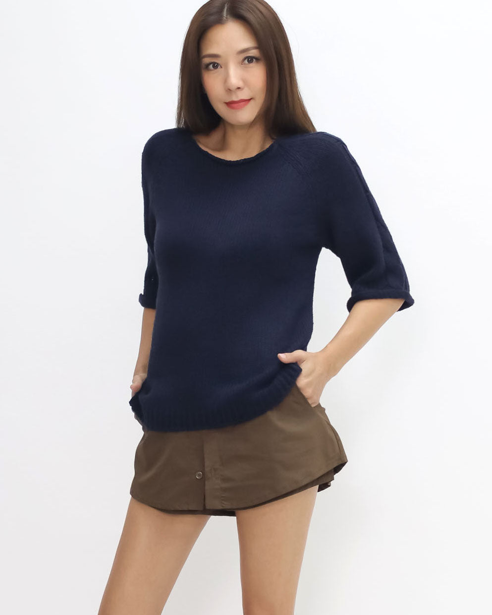 navy twisted knitted sleeves top *pre-order*