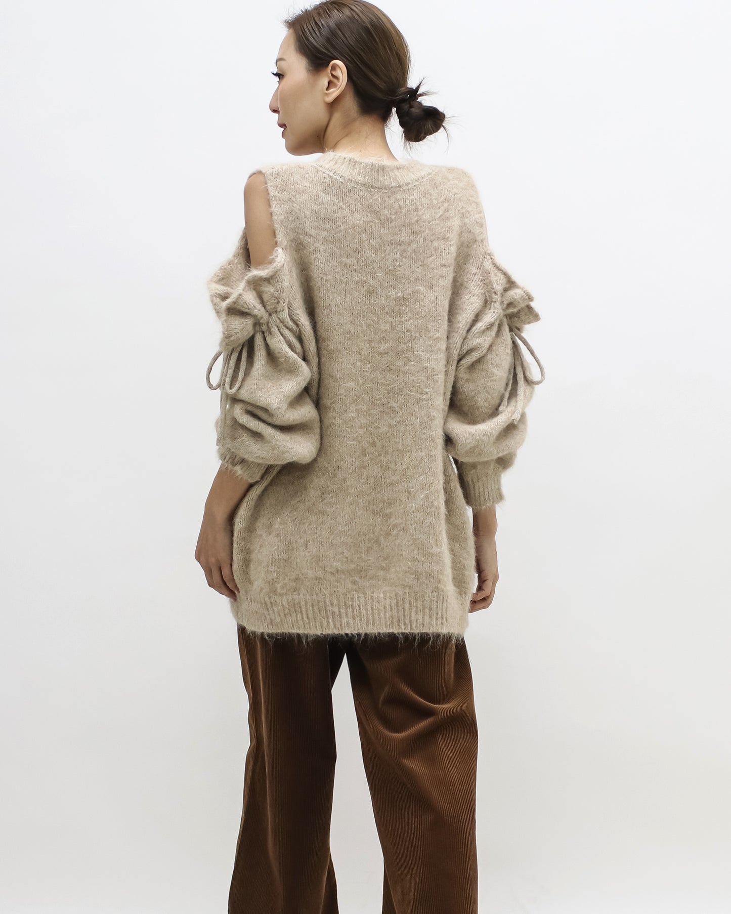 beige cutout shoulders mohair knitted top