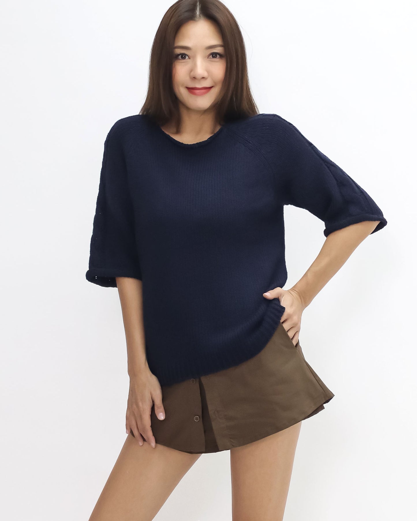 navy twisted knitted sleeves top *pre-order*