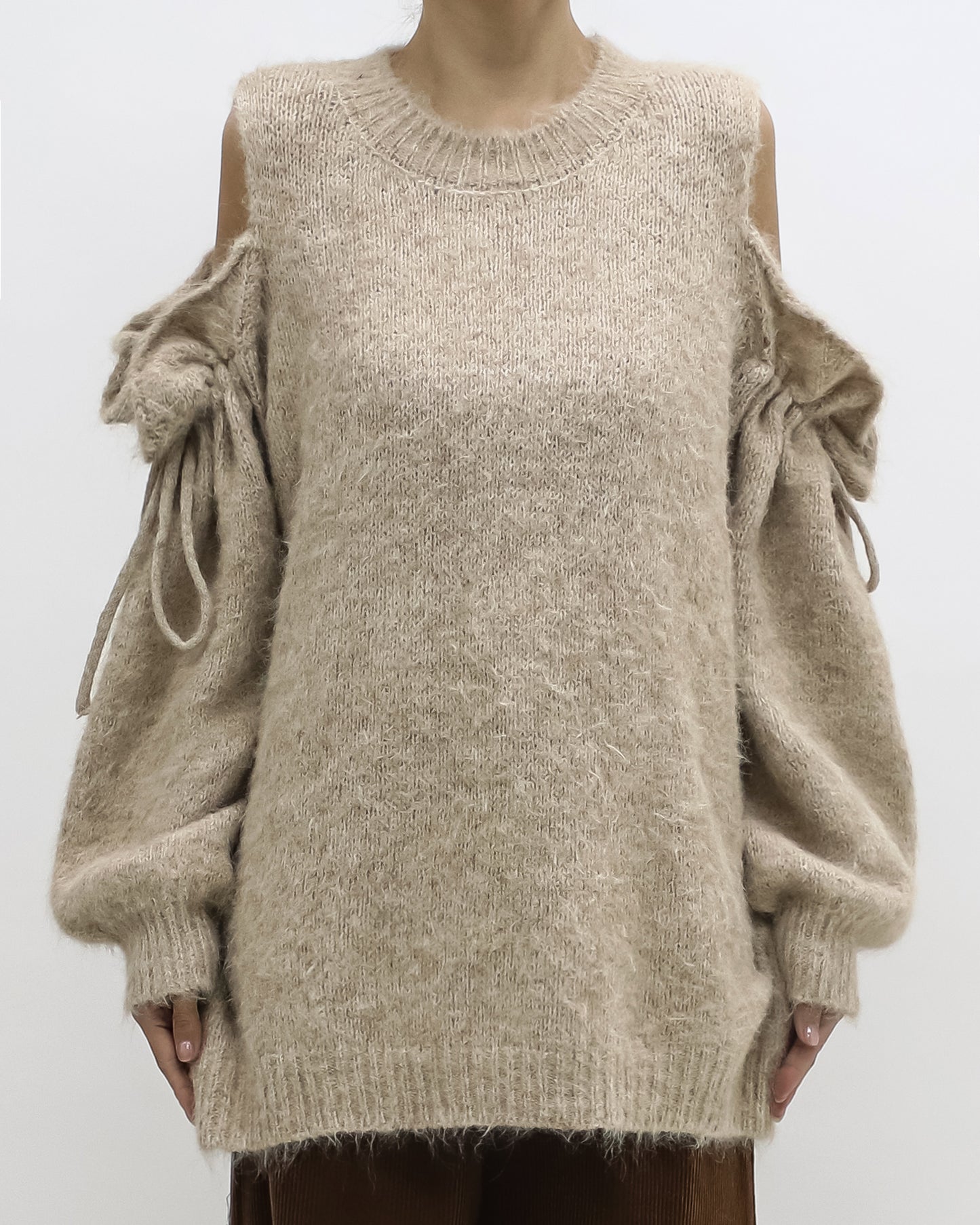 beige cutout shoulders mohair knitted top