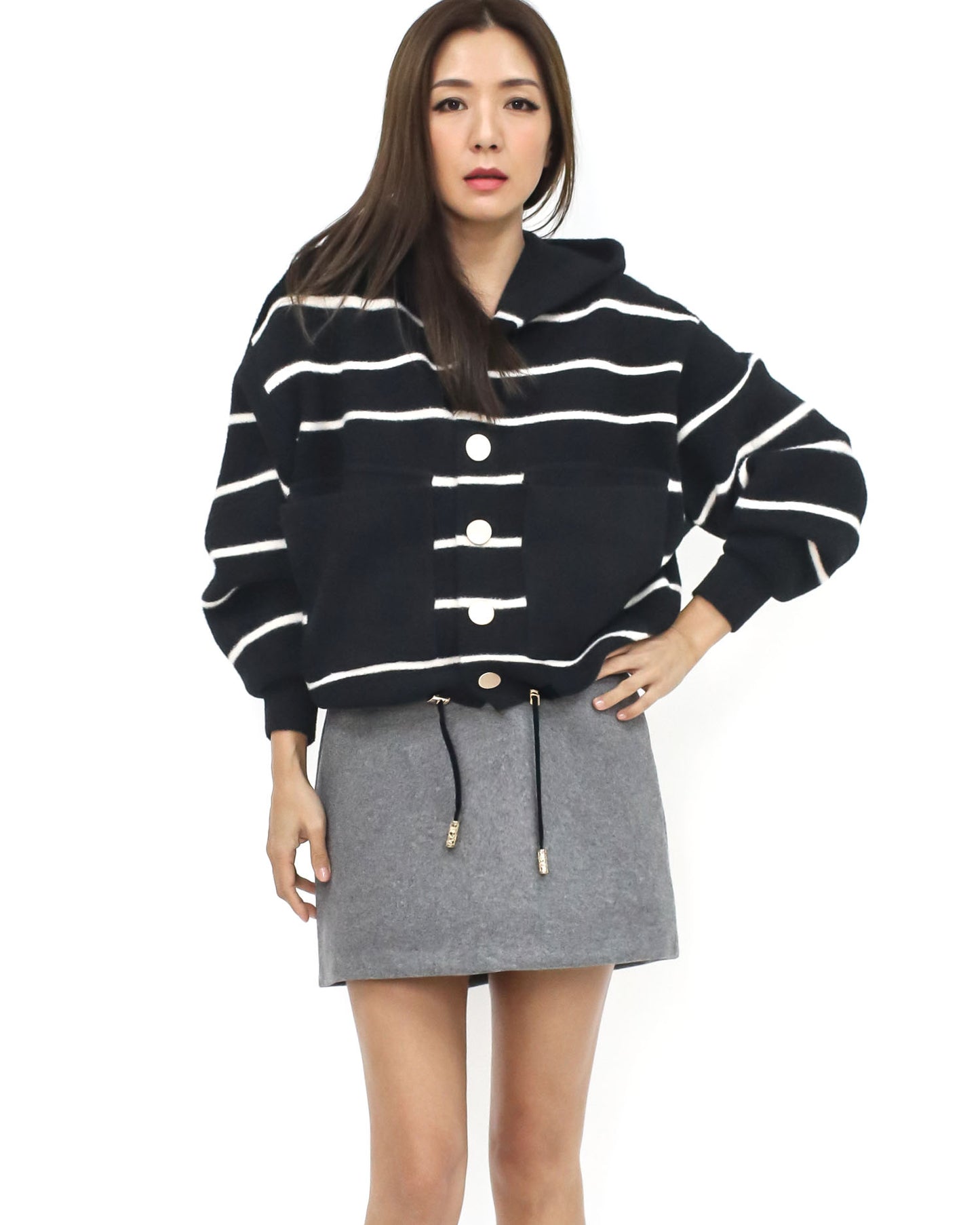 black & ivory stripes hoodie knitted cardigan *pre-order*