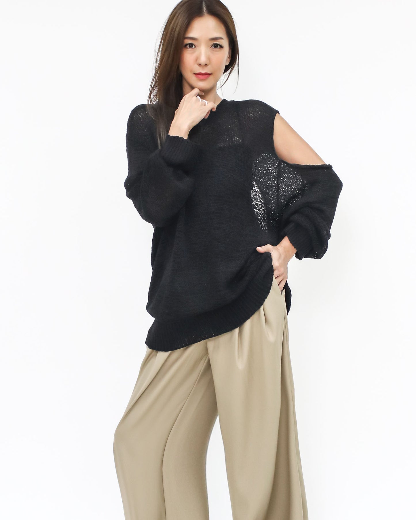 black cutout shoulder & back soft knitted top *pre-order*